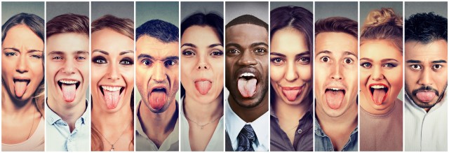 Group of multicultural people men and women sticking out their tongues